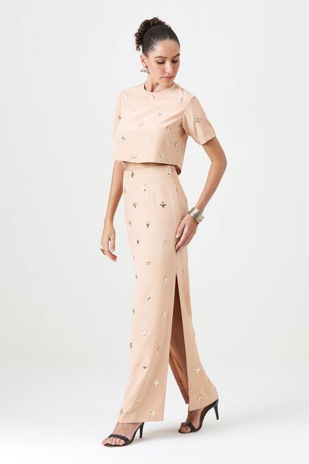Sitaraa_Beige Natural Crepe Silk Embroidery Motif Round Neck Layla Top With Skirt _Online_at_Aza_Fashions