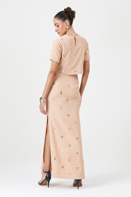 Shop_Sitaraa_Beige Natural Crepe Silk Embroidery Motif Round Neck Layla Top With Skirt _at_Aza_Fashions
