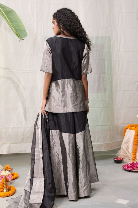 Shop_Raas Life_Black Handwoven Chanderi Colorblocked V Neck Amala Kurti _at_Aza_Fashions