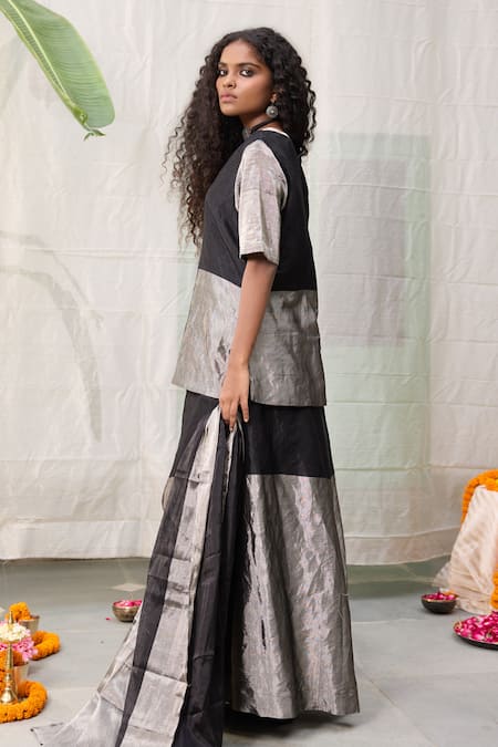 Raas Life_Black Handwoven Chanderi Colorblocked V Neck Amala Kurti _at_Aza_Fashions