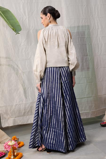 RAAS LIFE Solid Cold Shoulder Top With Zari Striped Flared Pant 