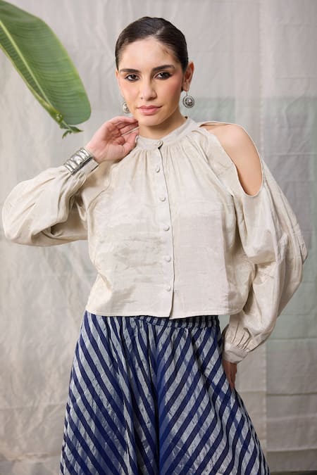 RAAS LIFE_Silver Chanderi Zari Round Solid Cold Shoulder Top With Striped Flared Pant _Online_at_Aza_Fashions