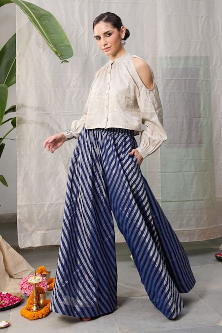 Shop_RAAS LIFE_Silver Chanderi Zari Round Solid Cold Shoulder Top With Striped Flared Pant _Online_at_Aza_Fashions
