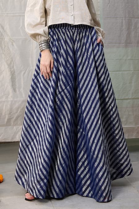 RAAS LIFE_Silver Chanderi Zari Round Solid Cold Shoulder Top With Striped Flared Pant _at_Aza_Fashions