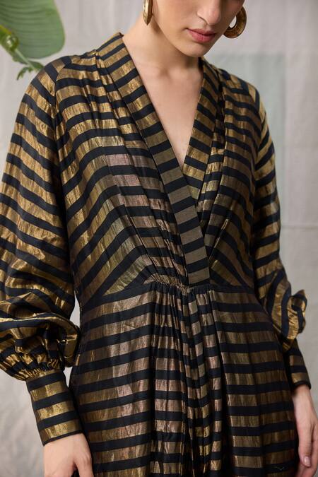 RAAS LIFE_Black Chanderi Zari V-neck Loki Striped Front Gathered Jumpsuit _Online_at_Aza_Fashions