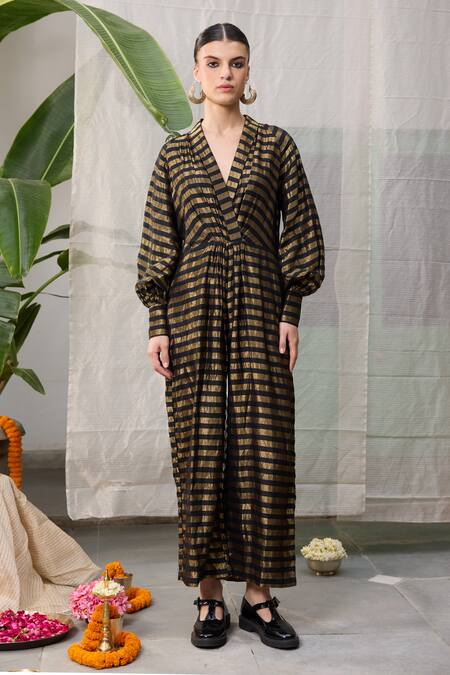 Buy_RAAS LIFE_Black Chanderi Zari V-neck Loki Striped Front Gathered Jumpsuit _Online_at_Aza_Fashions