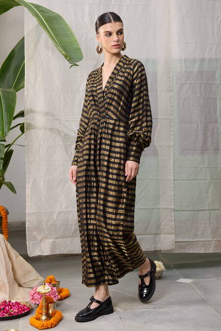 Shop_RAAS LIFE_Black Chanderi Zari V-neck Loki Striped Front Gathered Jumpsuit _Online_at_Aza_Fashions