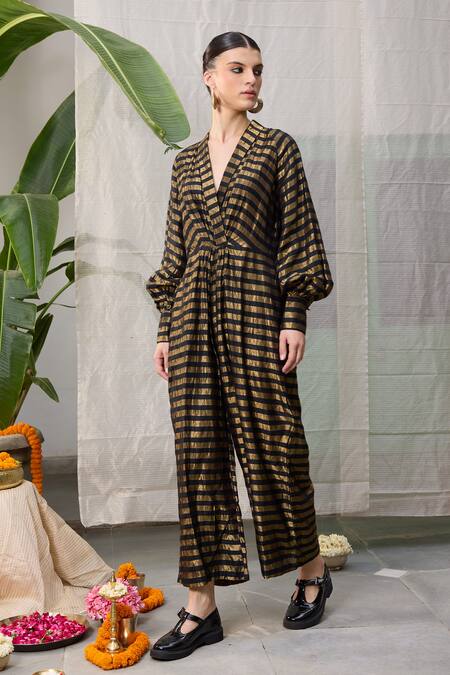 RAAS LIFE_Black Chanderi Zari V-neck Loki Striped Front Gathered Jumpsuit _at_Aza_Fashions