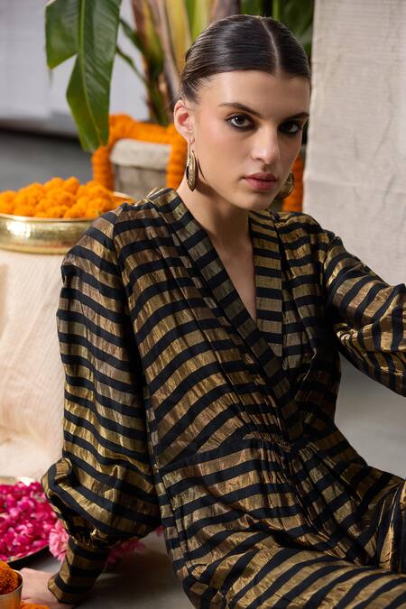 Buy_RAAS LIFE_Black Chanderi Zari V-neck Loki Striped Front Gathered Jumpsuit 