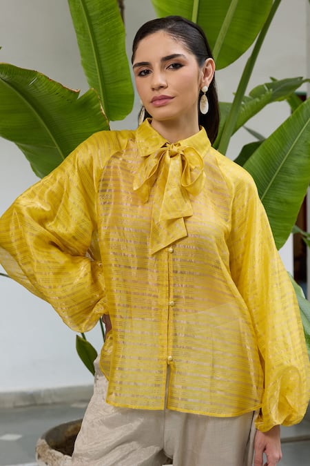 RAAS LIFE_Yellow Chanderi Button-down Neck Phool Glitterati Striped Tie Up Collar Shirt _Online_at_Aza_Fashions