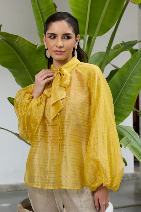 Buy_RAAS LIFE_Yellow Chanderi Button-down Neck Phool Glitterati Striped Tie Up Collar Shirt _Online_at_Aza_Fashions
