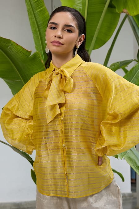 Shop_RAAS LIFE_Yellow Chanderi Button-down Neck Phool Glitterati Striped Tie Up Collar Shirt _Online_at_Aza_Fashions