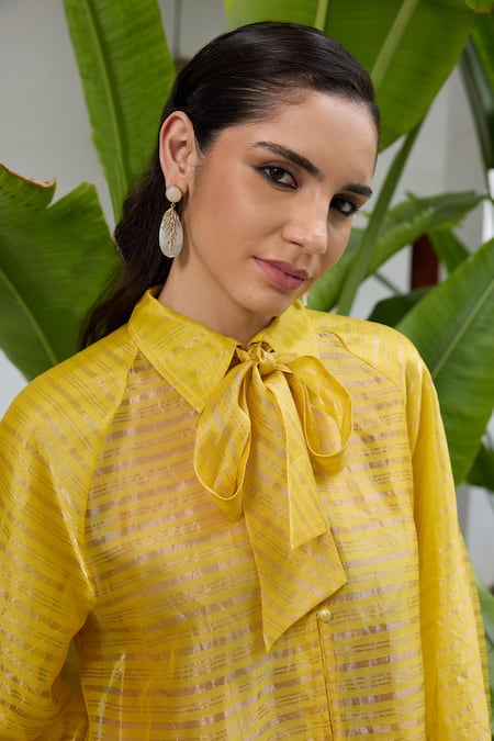 RAAS LIFE_Yellow Chanderi Button-down Neck Phool Glitterati Striped Tie Up Collar Shirt _at_Aza_Fashions