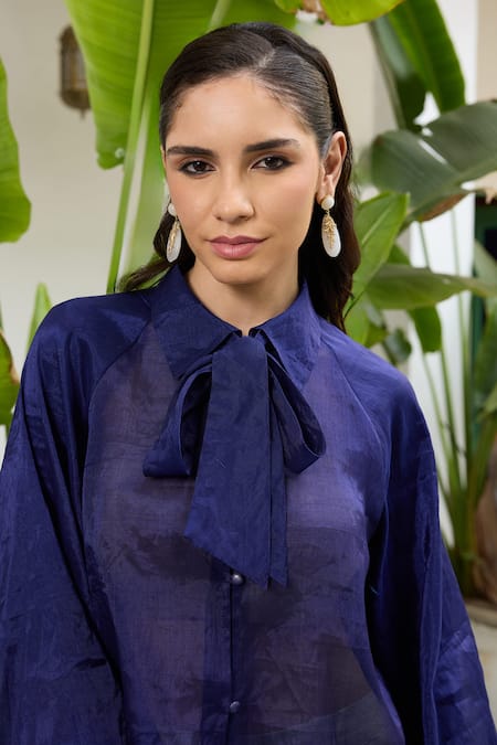 Shop_RAAS LIFE_Blue Chanderi Turtle Neck Phool Solid Tie Up Collar Shirt _Online_at_Aza_Fashions