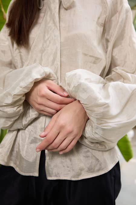 Shop_RAAS LIFE_Silver Chanderi Collared Phool Plain Tie Up Shirt _Online_at_Aza_Fashions