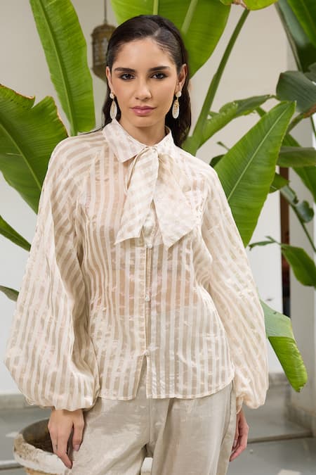 Buy_RAAS LIFE_Cream Chanderi Collared Phool Glittery Striped Tie Up Shirt _Online_at_Aza_Fashions