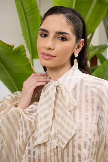 Shop_RAAS LIFE_Cream Chanderi Collared Phool Glittery Striped Tie Up Shirt _Online_at_Aza_Fashions