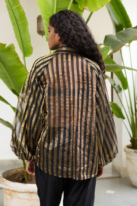Shop RAAS LIFE Black Chanderi Collared Phool Shimmy Striped Tie Up Shirt at Aza Fashions Shop_RAAS LIFE_Black Chanderi Collared Phool Shimmy Striped Tie Up Shirt _at_Aza_Fashions