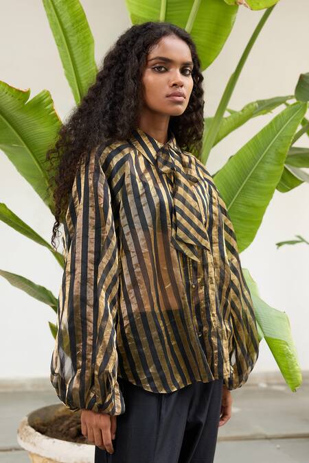 RAAS LIFE Black Chanderi Collared Phool Shimmy Striped Tie Up Shirt Online at Aza Fashions RAAS LIFE_Black Chanderi Collared Phool Shimmy Striped Tie Up Shirt _Online_at_Aza_Fashions