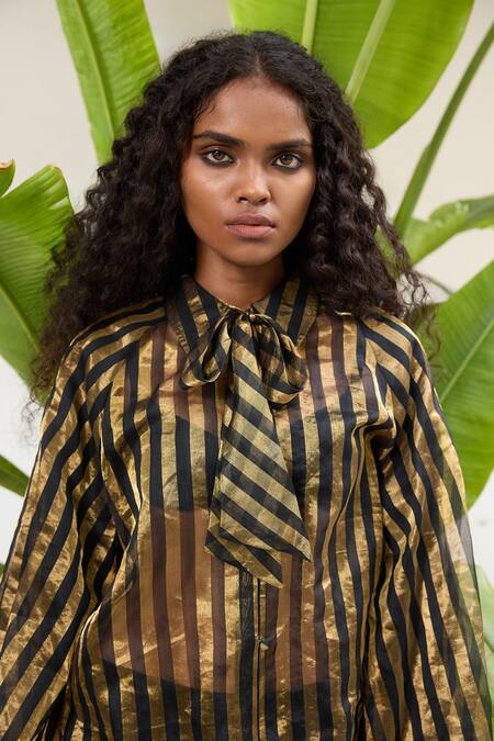 Buy RAAS LIFE Black Chanderi Collared Phool Shimmy Striped Tie Up Shirt Online at Aza Fashions Buy_RAAS LIFE_Black Chanderi Collared Phool Shimmy Striped Tie Up Shirt _Online_at_Aza_Fashions