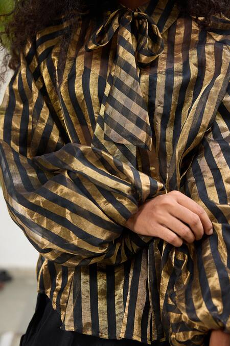 RAAS LIFE Black Chanderi Collared Phool Shimmy Striped Tie Up Shirt at Aza Fashions RAAS LIFE_Black Chanderi Collared Phool Shimmy Striped Tie Up Shirt _at_Aza_Fashions