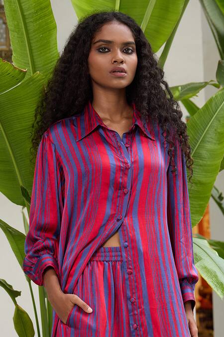 RAAS LIFE Red Velvet Collared Selena Gradient Stripe Print Tunic With Pant Online at Aza Fashions RAAS LIFE_Red Velvet Collared Selena Gradient Stripe Print Tunic With Pant_Online_at_Aza_Fashions
