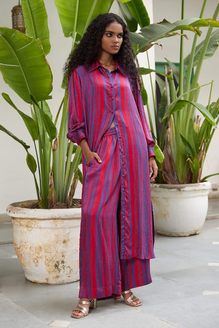 Buy RAAS LIFE Red Velvet Collared Selena Gradient Stripe Print Tunic With Pant Online at Aza Fashions Buy_RAAS LIFE_Red Velvet Collared Selena Gradient Stripe Print Tunic With Pant_Online_at_Aza_Fashions