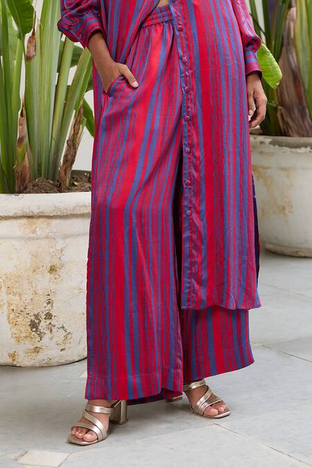 Shop RAAS LIFE Red Velvet Collared Selena Gradient Stripe Print Tunic With Pant Online at Aza Fashions Shop_RAAS LIFE_Red Velvet Collared Selena Gradient Stripe Print Tunic With Pant_Online_at_Aza_Fashions