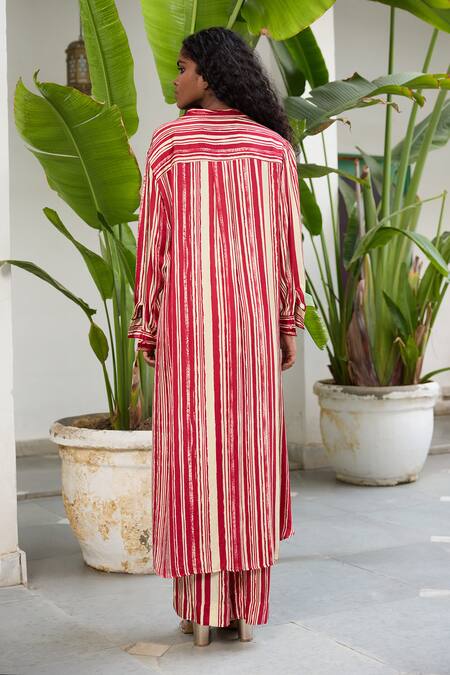 Shop RAAS LIFE Beige Silk Collared Selena Stripe Print Tunic With Pant at Aza Fashions Shop_RAAS LIFE_Beige Silk Collared Selena Stripe Print Tunic With Pant_at_Aza_Fashions