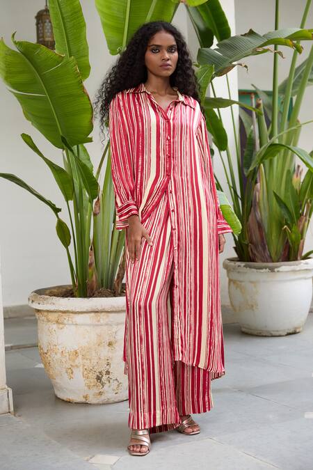 RAAS LIFE Beige Silk Collared Selena Stripe Print Tunic With Pant Online at Aza Fashions RAAS LIFE_Beige Silk Collared Selena Stripe Print Tunic With Pant_Online_at_Aza_Fashions