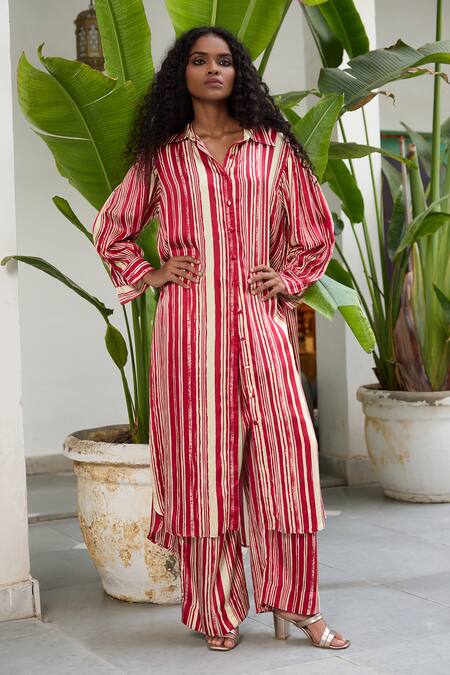 Buy RAAS LIFE Beige Silk Collared Selena Stripe Print Tunic With Pant Online at Aza Fashions Buy_RAAS LIFE_Beige Silk Collared Selena Stripe Print Tunic With Pant_Online_at_Aza_Fashions