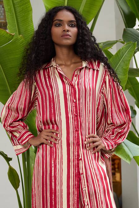 Shop RAAS LIFE Beige Silk Collared Selena Stripe Print Tunic With Pant Online at Aza Fashions Shop_RAAS LIFE_Beige Silk Collared Selena Stripe Print Tunic With Pant_Online_at_Aza_Fashions