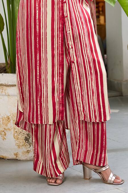 RAAS LIFE Beige Silk Collared Selena Stripe Print Tunic With Pant at Aza Fashions RAAS LIFE_Beige Silk Collared Selena Stripe Print Tunic With Pant_at_Aza_Fashions