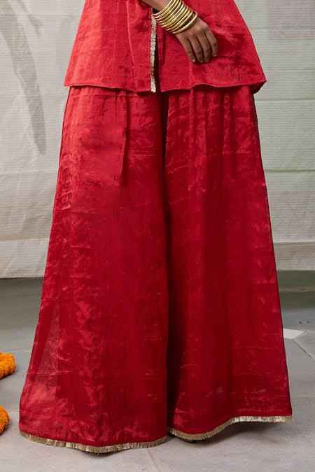 RAAS LIFE Red Chanderi Lace Dhara Kiran Embellished Flared Pant Online at Aza Fashions RAAS LIFE_Red Chanderi Lace Dhara Kiran Embellished Flared Pant _Online_at_Aza_Fashions