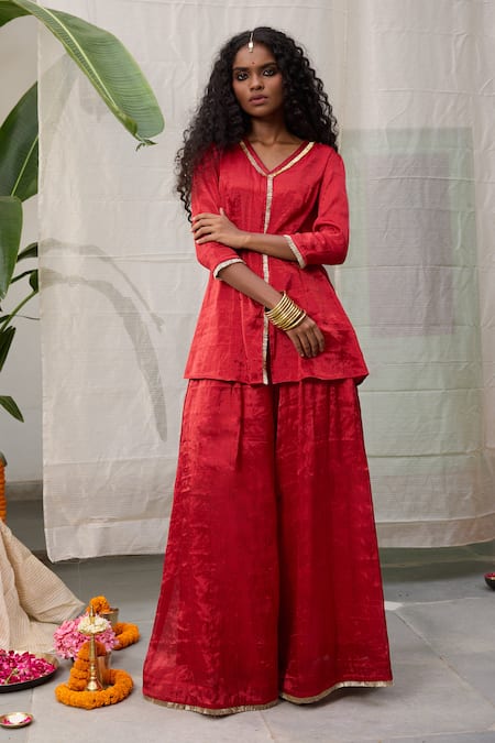 Buy RAAS LIFE Red Chanderi Lace Dhara Kiran Embellished Flared Pant Online at Aza Fashions Buy_RAAS LIFE_Red Chanderi Lace Dhara Kiran Embellished Flared Pant _Online_at_Aza_Fashions