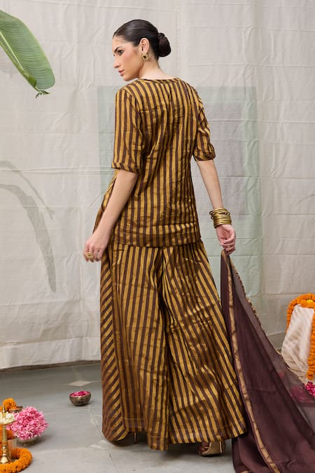 Shop_RAAS LIFE_Brown Chanderi V-neck Amala Striped Woven Short Kurti _at_Aza_Fashions