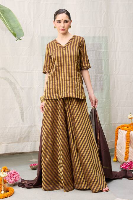 RAAS LIFE_Brown Chanderi V-neck Amala Striped Woven Short Kurti _Online_at_Aza_Fashions