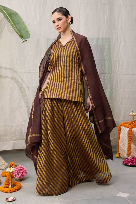 Buy_RAAS LIFE_Brown Chanderi Amala Bar Striped Woven Flared Pant _Online_at_Aza_Fashions