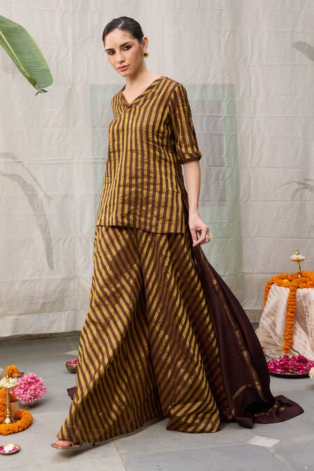Shop_RAAS LIFE_Brown Chanderi Amala Bar Striped Woven Flared Pant _Online_at_Aza_Fashions