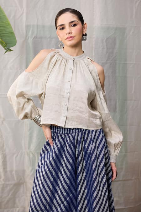 Buy_RAAS LIFE_Silver Chanderi Round Neck Solid Cold Shoulder Top _Online_at_Aza_Fashions