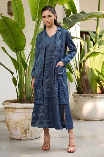 RAAS LIFE_Blue Chanderi V-neck Koki Hand Woven Dress _Online_at_Aza_Fashions