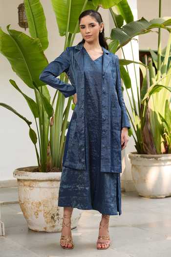 Buy_RAAS LIFE_Blue Chanderi V-neck Koki Hand Woven Dress _Online_at_Aza_Fashions