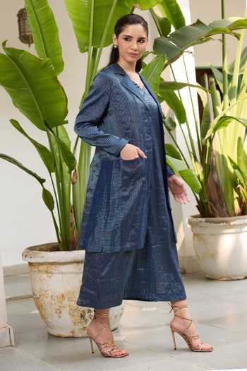 Shop_RAAS LIFE_Blue Chanderi V-neck Koki Hand Woven Dress _Online_at_Aza_Fashions