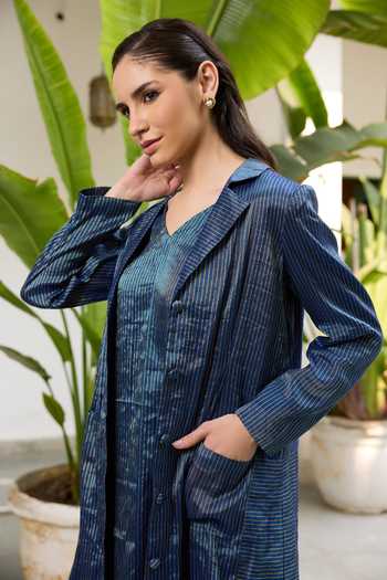RAAS LIFE_Blue Chanderi V-neck Koki Hand Woven Dress _at_Aza_Fashions