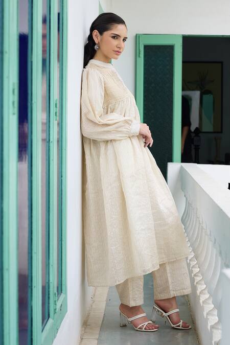 Shop_RAAS LIFE_Cream Chanderi Zari Collared Ganga Hand Woven Tunic With Pant _Online_at_Aza_Fashions