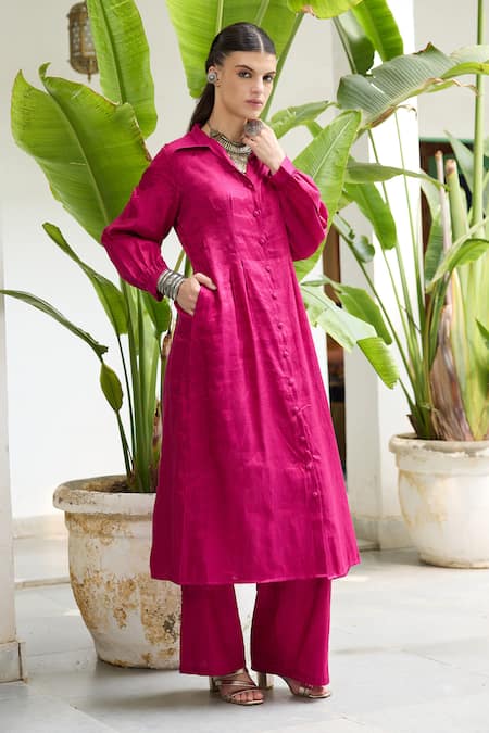 RAAS LIFE_Pink Chanderi Collared Shaha Hand Woven Tunic With Pant _Online_at_Aza_Fashions