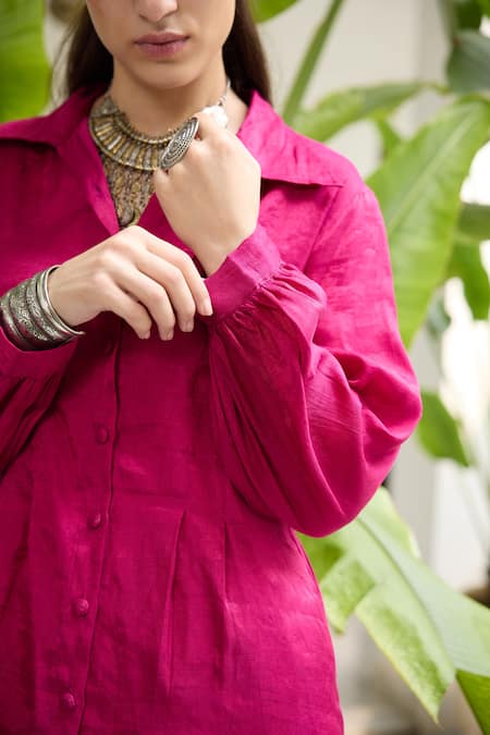 Shop_RAAS LIFE_Pink Chanderi Collared Shaha Hand Woven Tunic With Pant _Online_at_Aza_Fashions