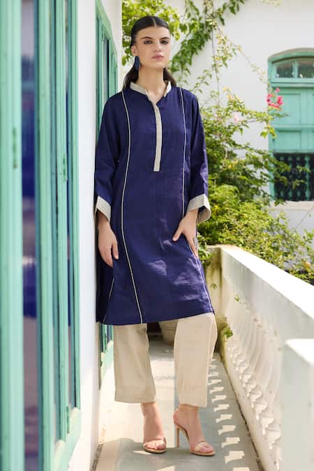 Buy_RAAS LIFE_Blue Chanderi Nilofer A-line Kurta And Pant Set _Online_at_Aza_Fashions