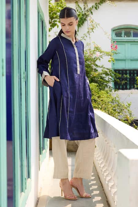 Shop_RAAS LIFE_Blue Chanderi Nilofer A-line Kurta And Pant Set _Online_at_Aza_Fashions