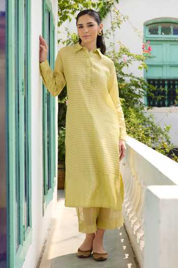 RAAS LIFE_Yellow Handloom Cotton, Chanderi Rangrez Stripe Hand Woven Kurta With Pant _Online_at_Aza_Fashions